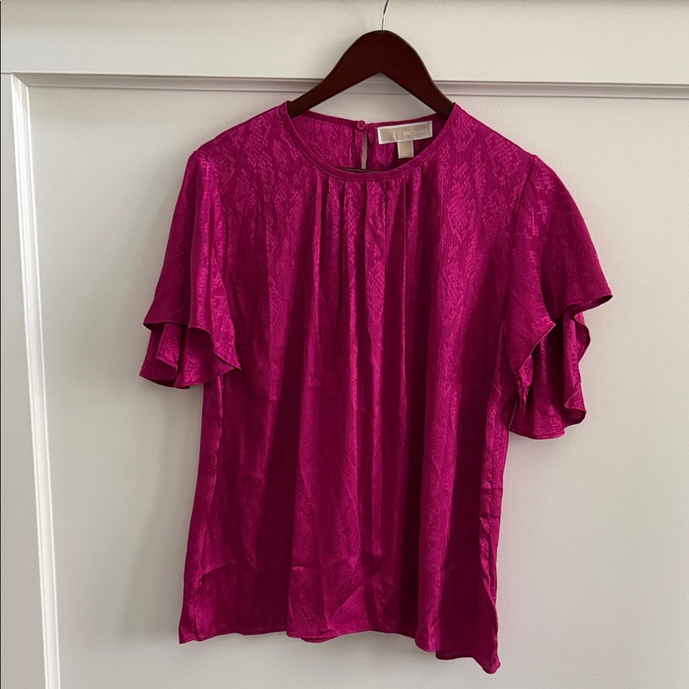 MICHAEL Michael Kors Deep Fuchsia Short Sleeve Statement Blouse • NWT • Size L